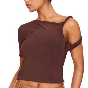 PLT PrettyLittleThing Chocolate Brown Slinky Twist Crop Top Size 10 NWT